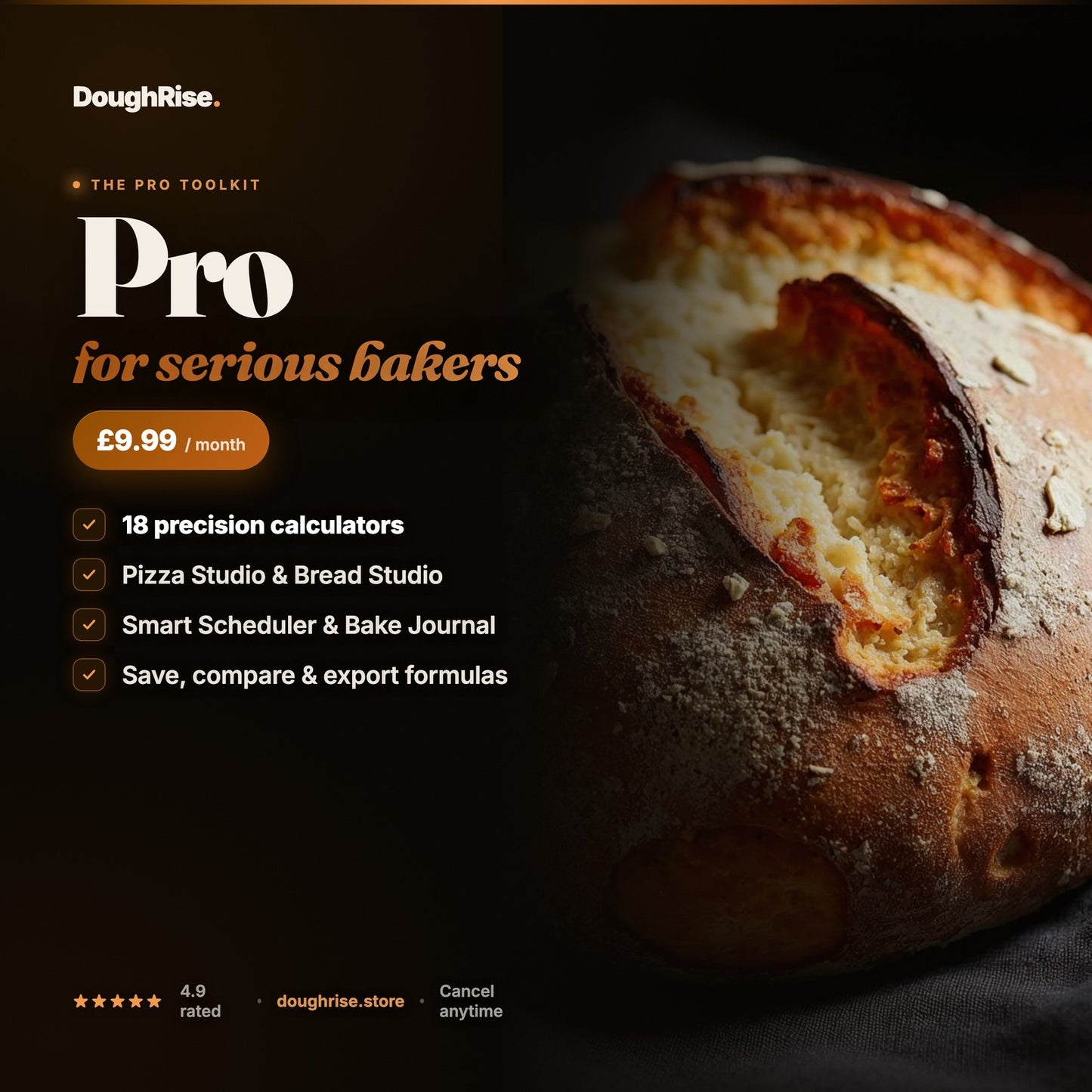 DoughRise Pro — 18 precision calculators, Pizza & Bread Studios, Smart Scheduler, from £9.99/month