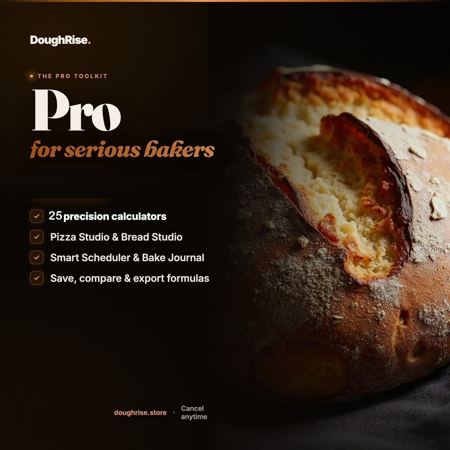 DoughRise Pro, the precision baking toolkit: 25 calculators, Pizza & Bread Studios, Smart Scheduler and Bake Journal