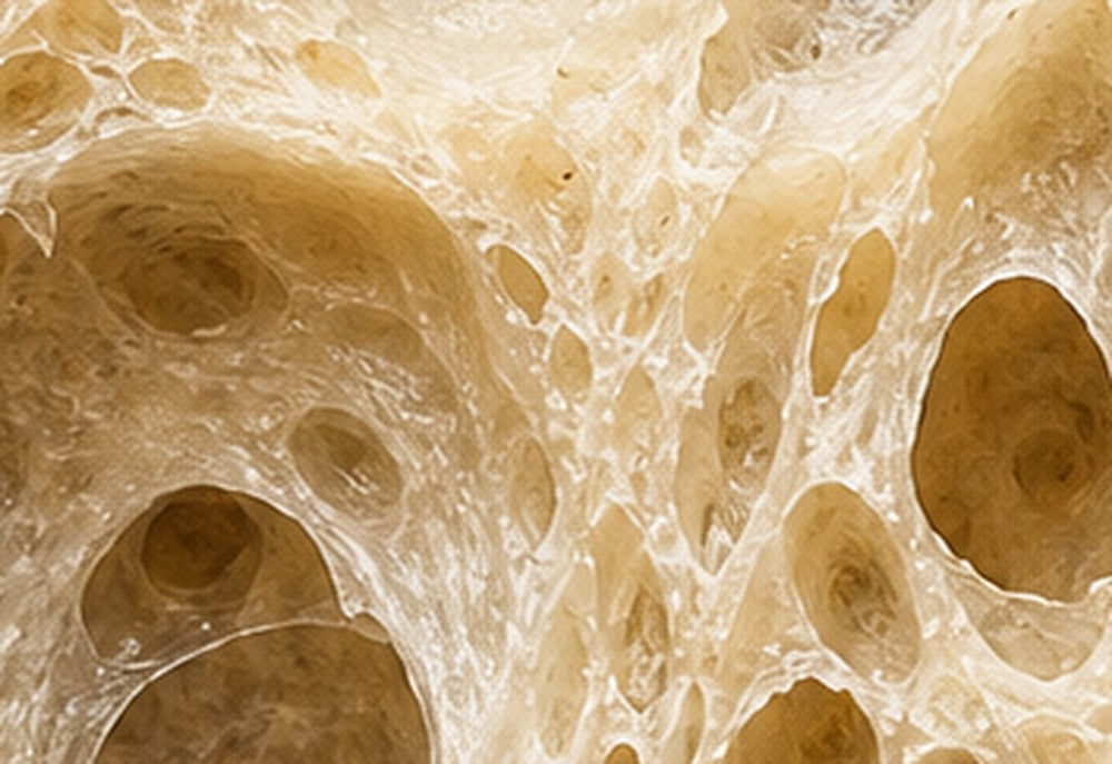An open, aerated sourdough crumb, evenly risen with a light structure