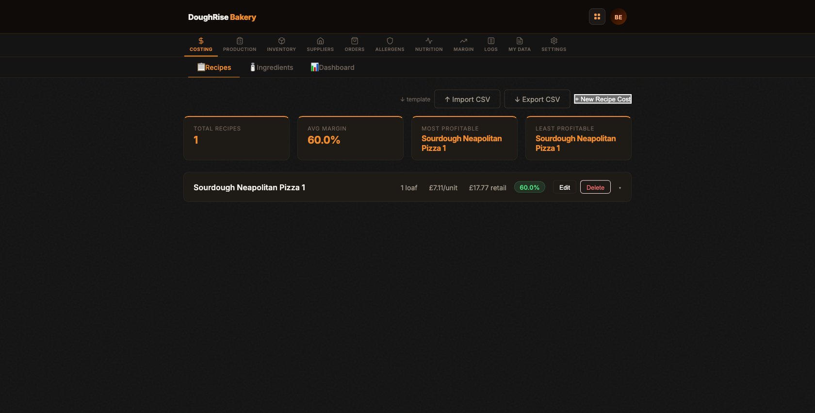 DoughRise Bakery recipe costing