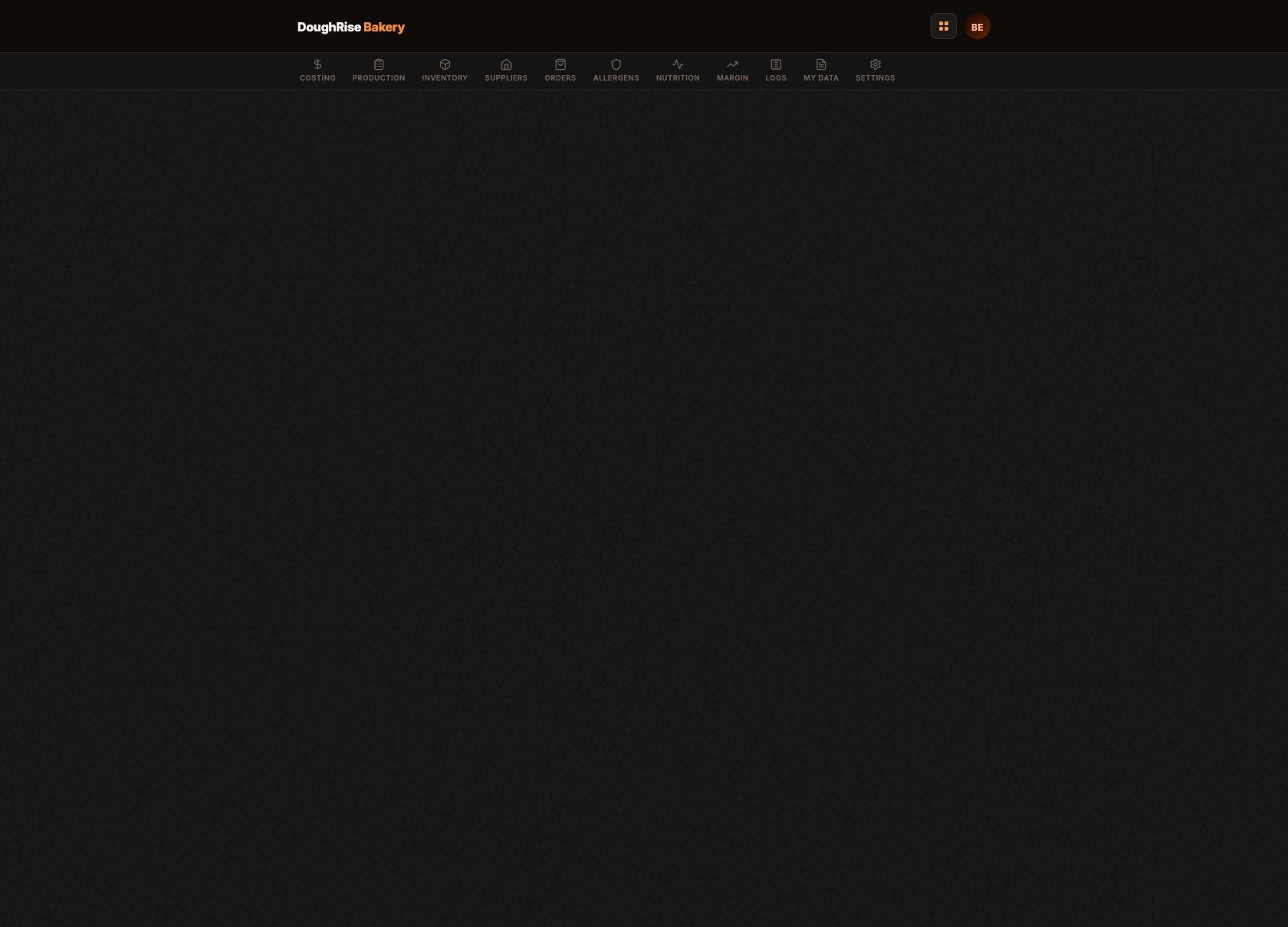 DoughRise Bakery dashboard showing commercial cost reporting and formula scaling