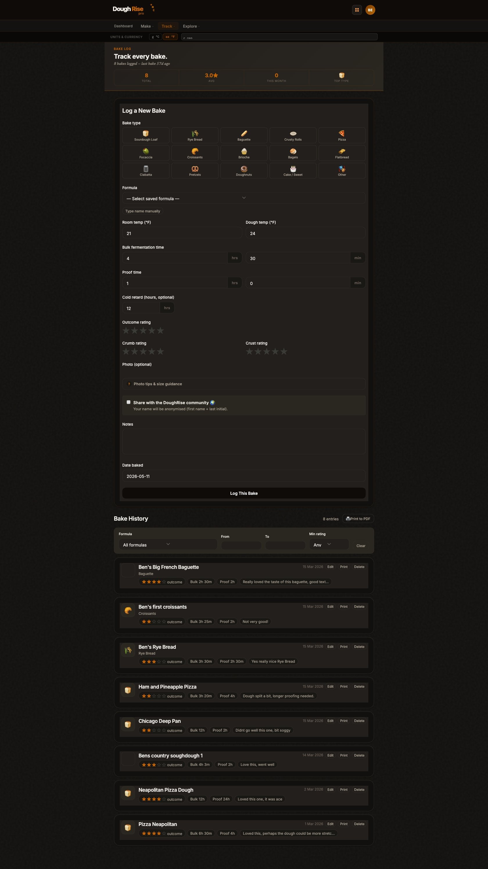 DoughRise Pro bake log with history and ratings