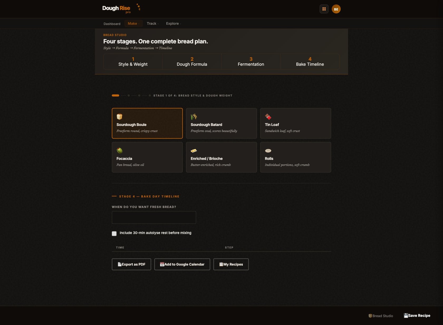 DoughRise Pro Bread Studio style picker and bake timeline