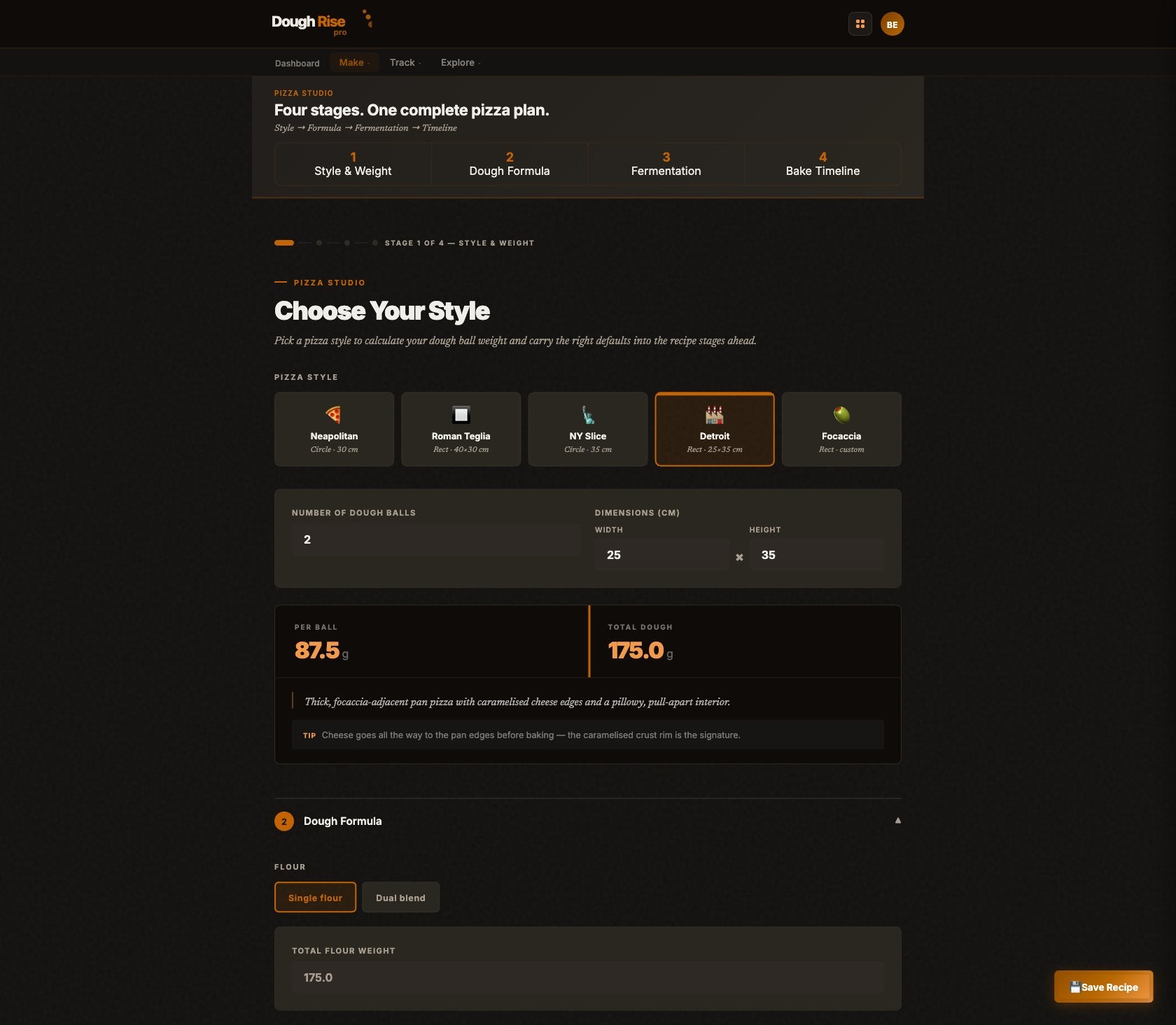 DoughRise Pro Pizza Studio four-stage wizard