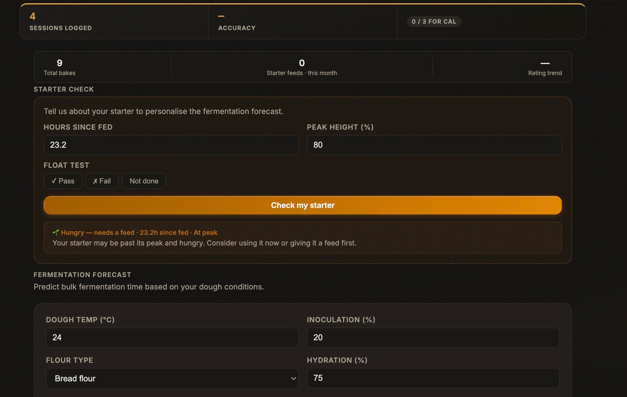 Starter Health Check showing 23.2h since last feed with peak activity prediction
