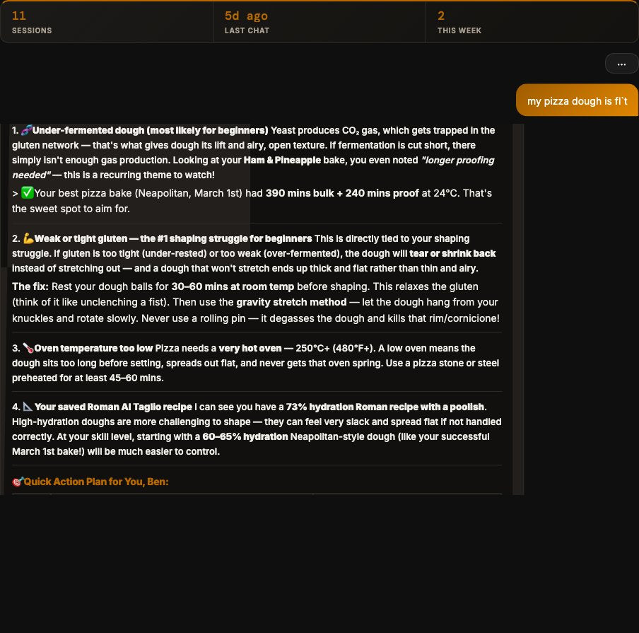 AI Troubleshooter chat showing personalised diagnosis based on logged bake history