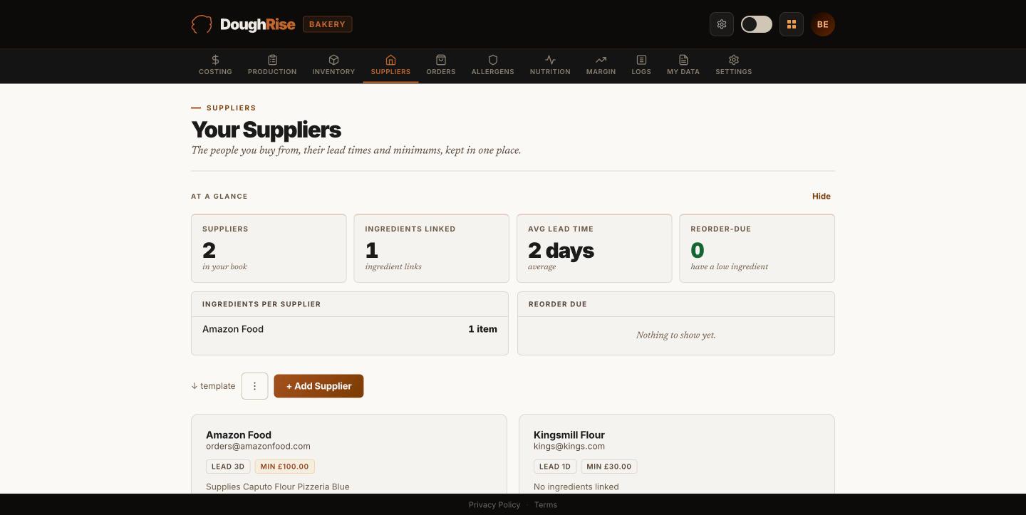 DoughRise Bakery screenshot: the supplier book