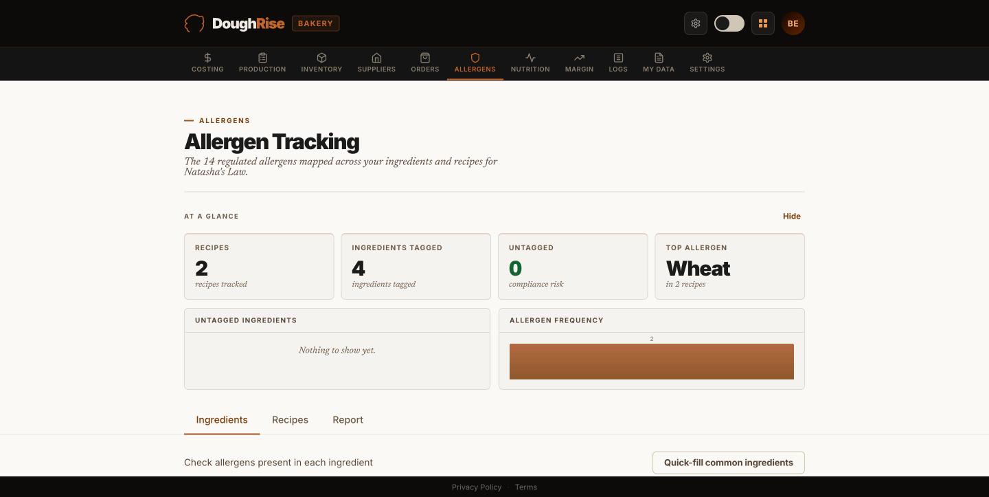 DoughRise Bakery screenshot: allergen compliance tracking