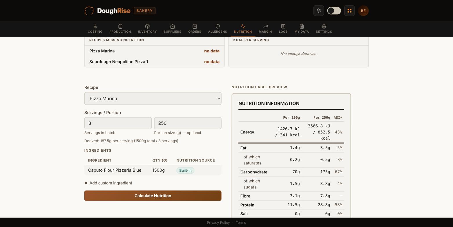 DoughRise Bakery screenshot: a generated nutrition label