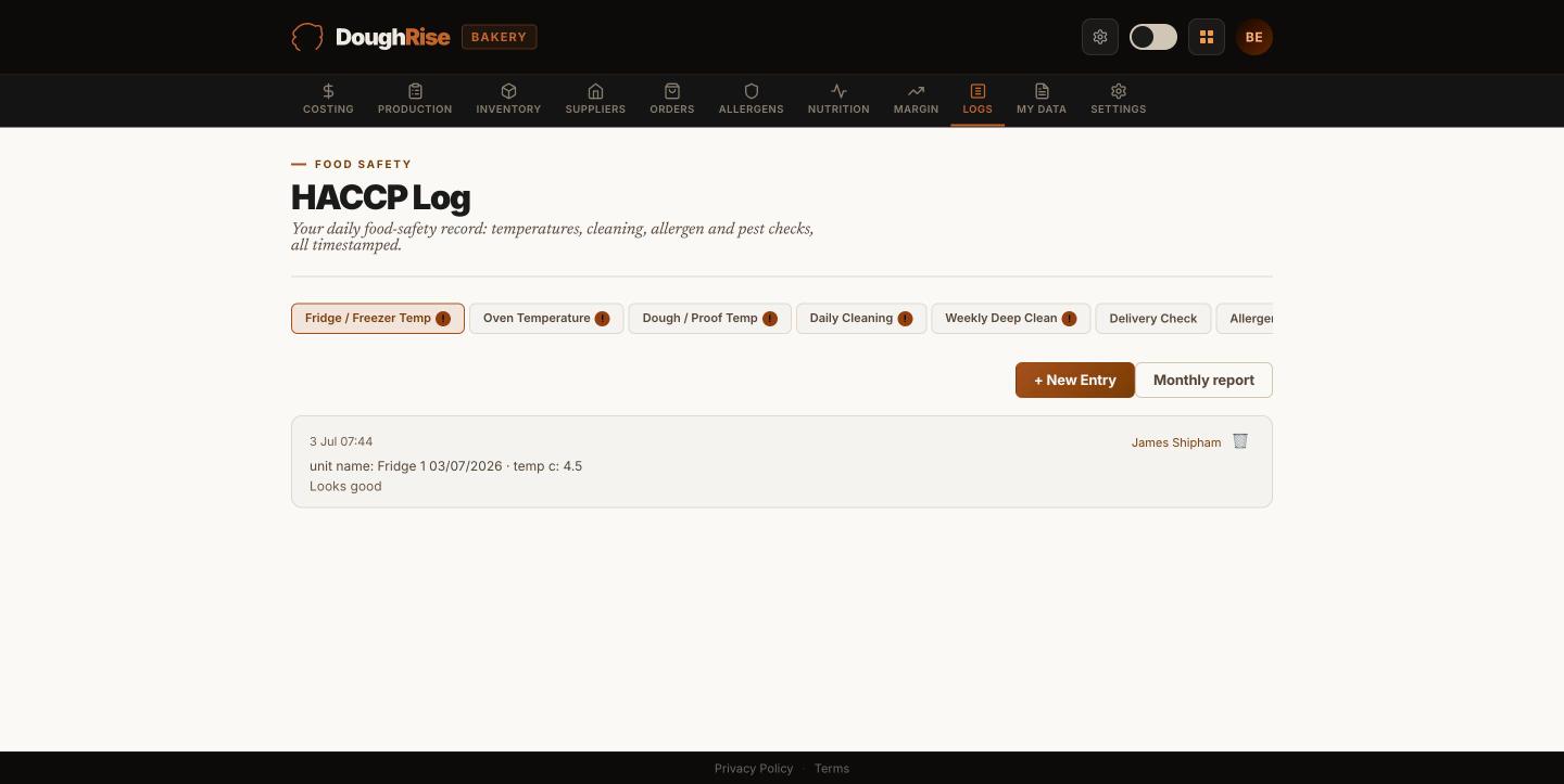 DoughRise Bakery screenshot: HACCP logs