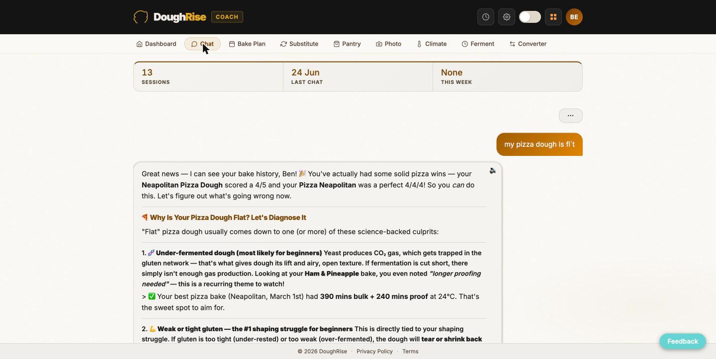 DoughRise Coach screenshot: an AI chat coaching response