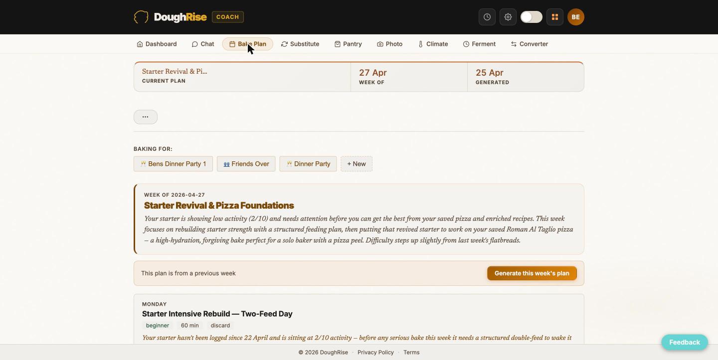 DoughRise Coach screenshot: a generated weekly bake plan