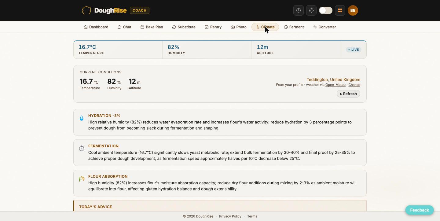DoughRise Coach screenshot: climate-aware baking adjustments