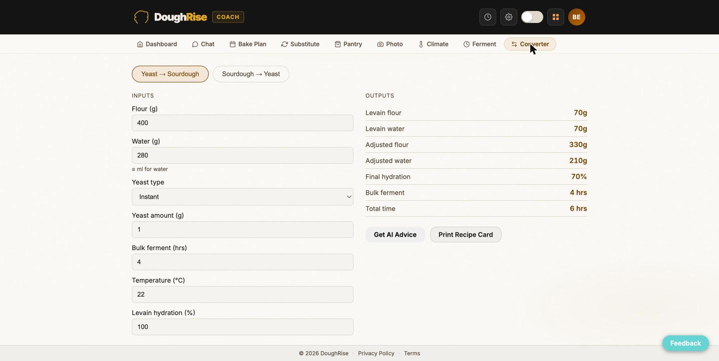 DoughRise Coach screenshot: the yeast and sourdough converter