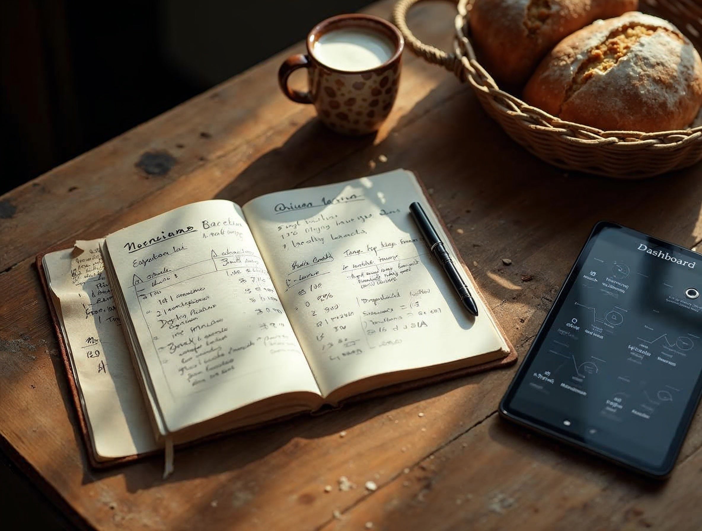 Baker's notebook with formulas beside a tablet showing DoughRise Pro dashboard