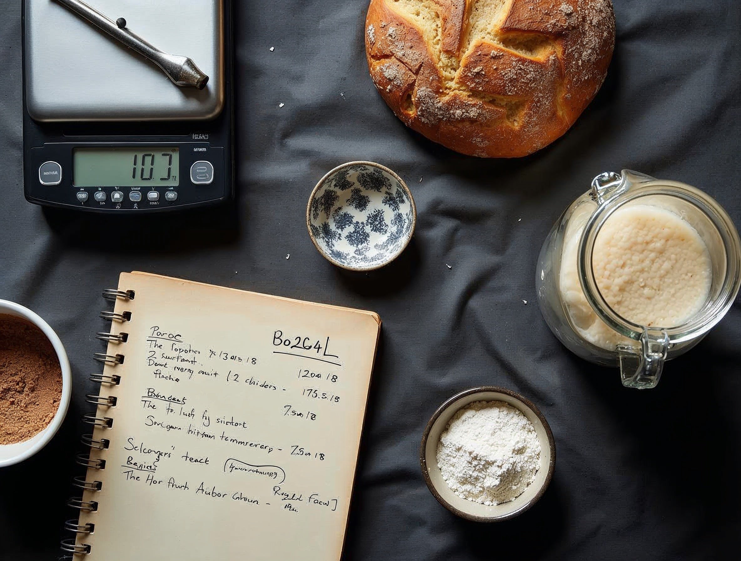 Precision baking tools: thermometer, scales, sourdough starter jar, and notebook