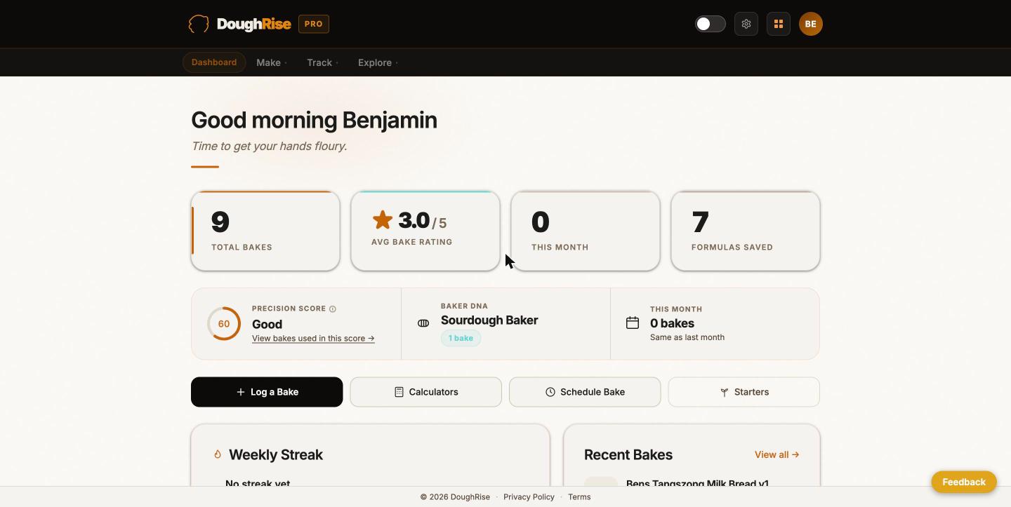 DoughRise Pro screenshot: the Precision Score card