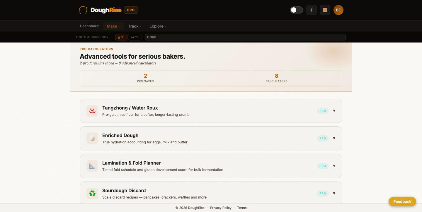 DoughRise Pro screenshot: Pro-only calculators: tangzhong, enriched, lamination, discard