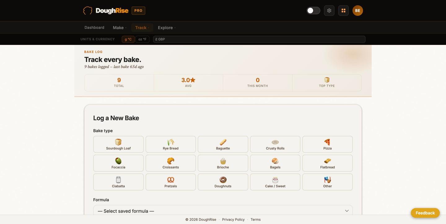 DoughRise Pro screenshot: the Bake Log
