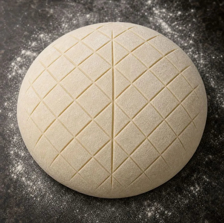 Unbaked sourdough dough scored with a diagonal cross-hatch grid