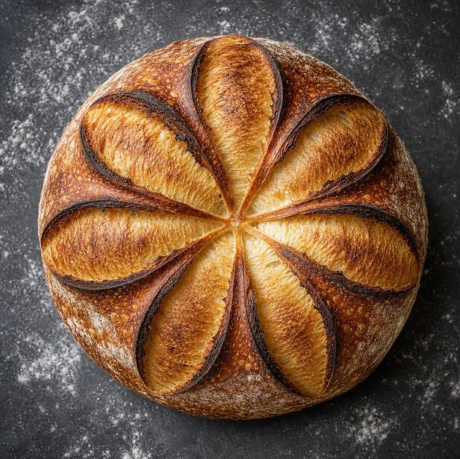 Baked sourdough loaf opened into a flower-like crown of crust