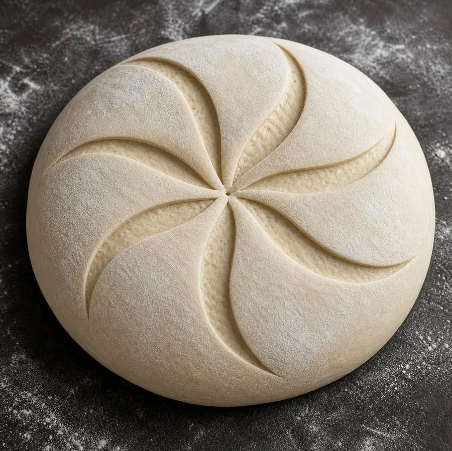 Unbaked sourdough dough scored with curved petal cuts arranged in a ring