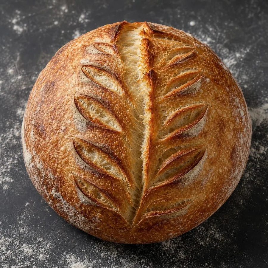 Baked sourdough loaf with a feathered leaf-vein crust pattern
