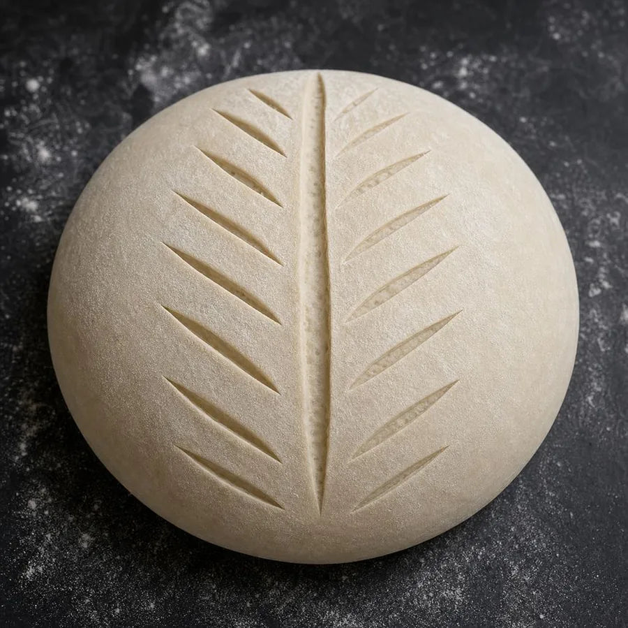 Unbaked sourdough dough scored with a central spine and diagonal leaf-vein branches