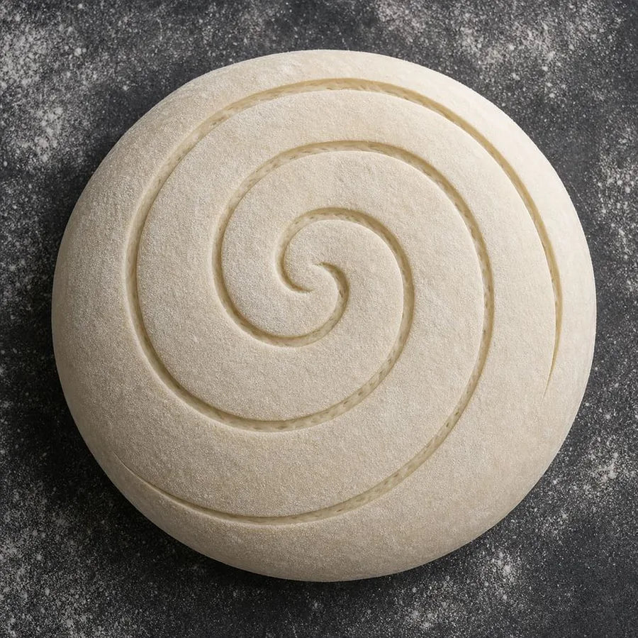 Unbaked sourdough dough scored with a continuous spiral cut